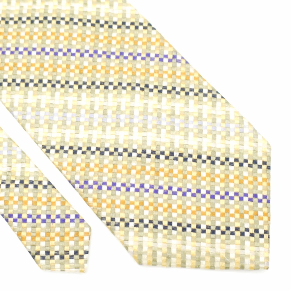 Metropolitan Lord & Taylor Yellow Blue Striped Check Woven Silk Tie Made In USA